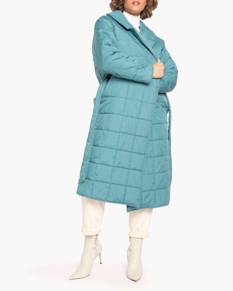 Plus size model wearing Nicole Long Quilted Wrap Coat by Eloquii | Dia&Co | dia_product_style_image_id:174900